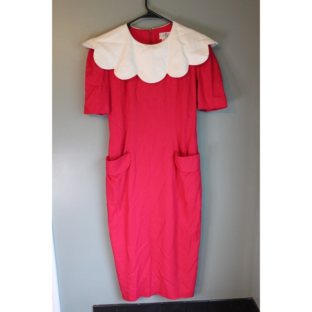 Vintage Kathryn Conover Hot Pink Pencil Dress White Scalloped Collar Size 4